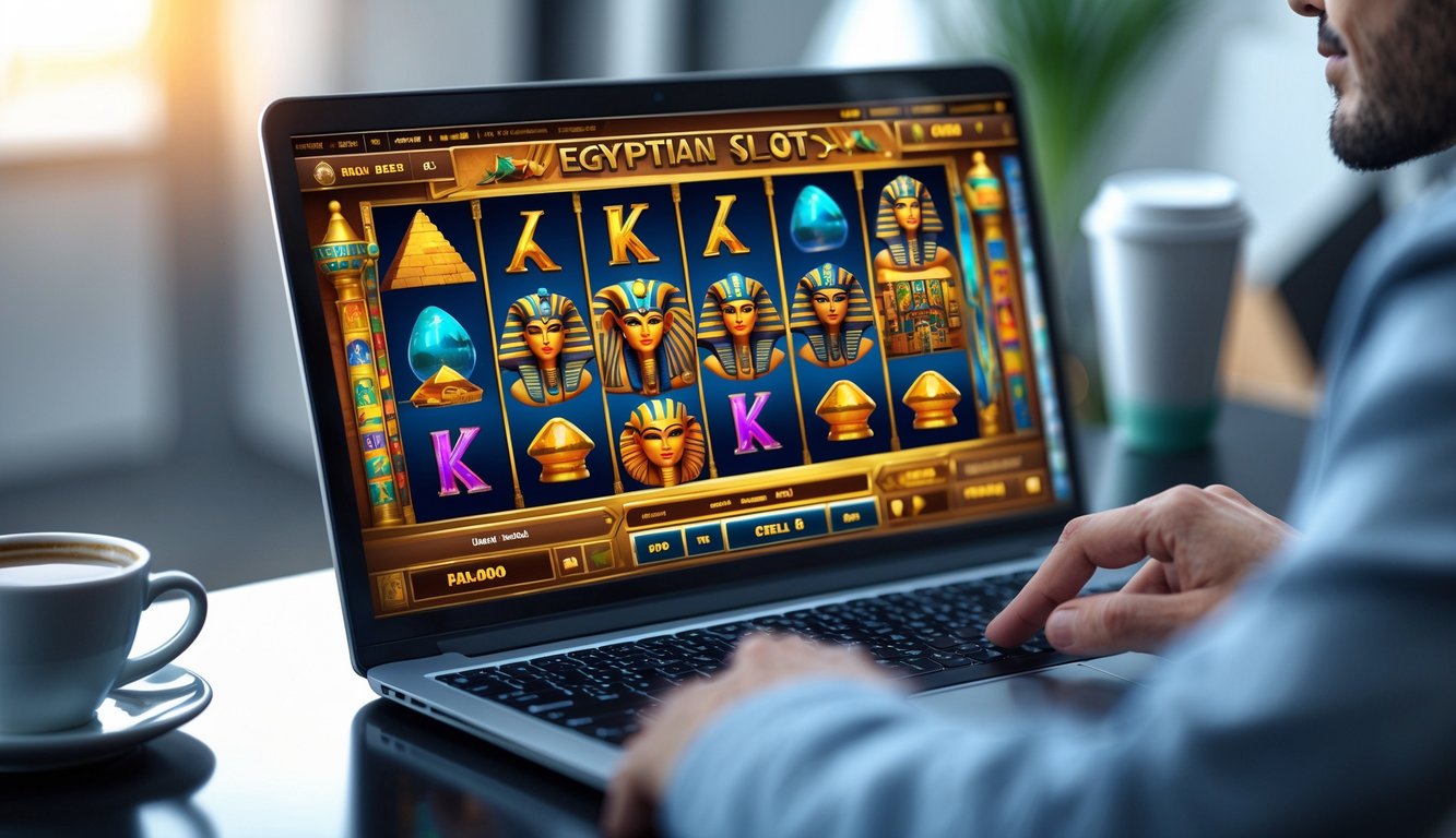 Seseorang menggunakan komputer dengan permainan mesin slot bertema Mesir kuno di layar, di meja yang rapi dengan suasana profesional.