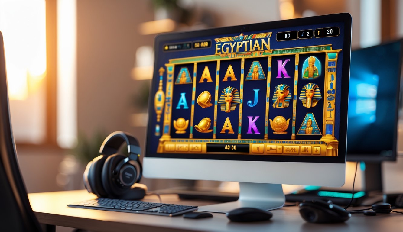 Tampilan layar komputer dengan permainan slot bertema Mesir kuno di sebuah ruang kerja modern.