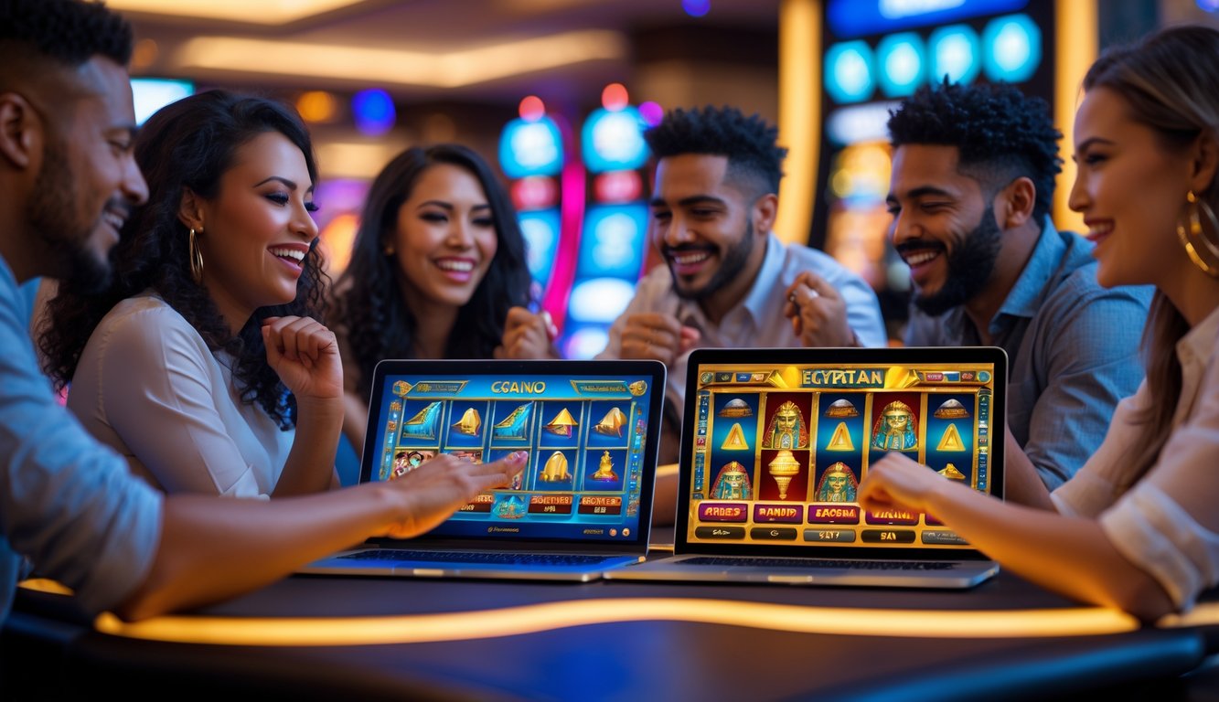 Orang-orang sedang bermain permainan slot bertema Mesir di perangkat digital dalam suasana kasino online yang ramai.