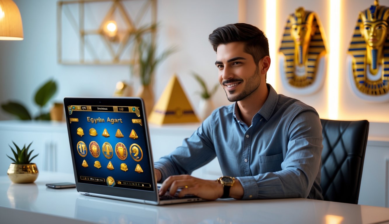 Seorang pria muda duduk di meja dengan laptop, terlihat fokus dan puas saat menggunakan layanan slot online bertema Mesir.