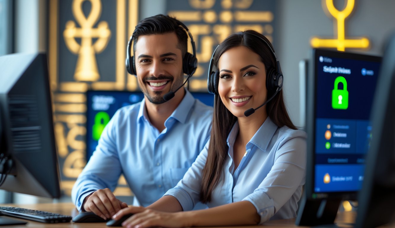 Dua agen layanan pelanggan tersenyum di kantor modern dengan dekorasi bertema Mesir dan layar komputer yang menunjukkan keamanan layanan permainan online.