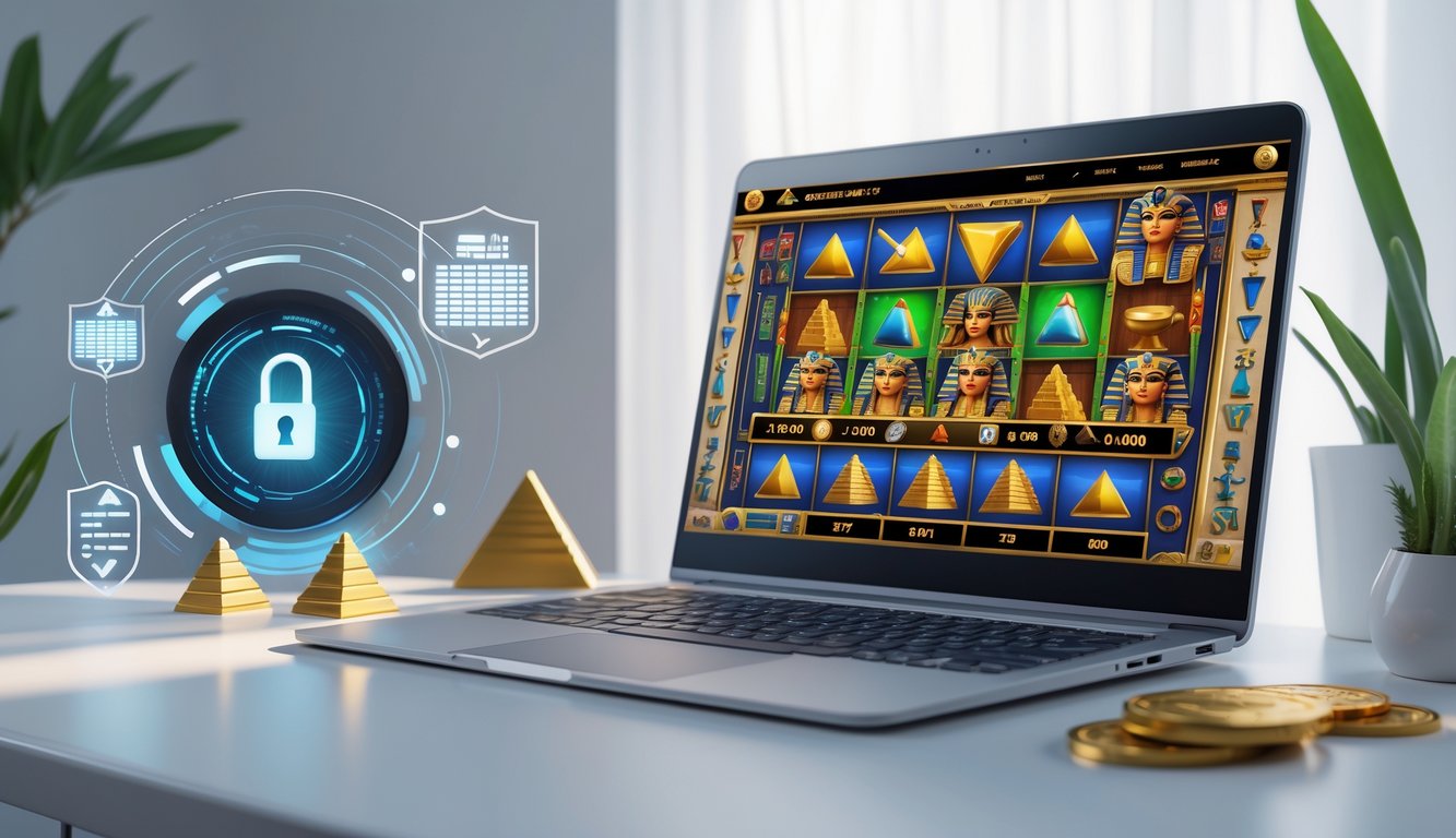 Seorang pengguna komputer yang menampilkan permainan slot bertema Mesir dengan simbol piramida dan scarab, dikelilingi ikon keamanan digital.