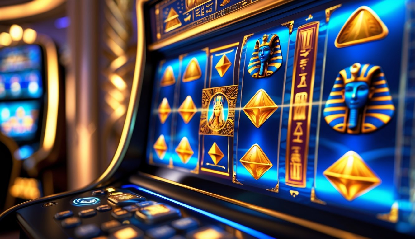 Layar mesin slot digital dengan tema Mesir kuno menampilkan simbol piramida dan dewa, di latar belakang suasana kasino online yang mewah.