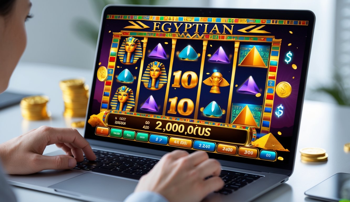Tangan seseorang menggunakan laptop dengan layar menampilkan permainan slot bertema Mesir dan simbol jackpot.