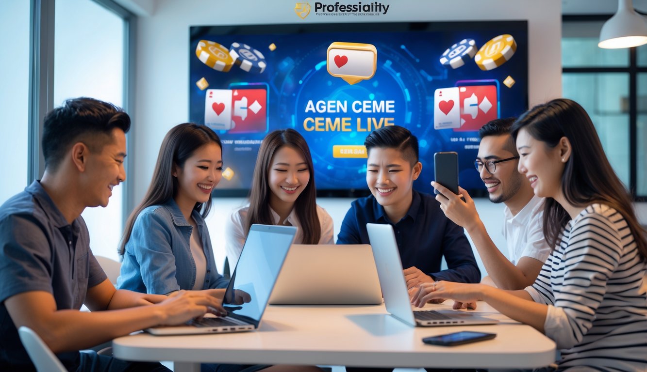 Sekelompok orang menggunakan laptop dan ponsel di ruangan terang, bermain permainan kartu online dengan ekspresi senang dan percaya diri.