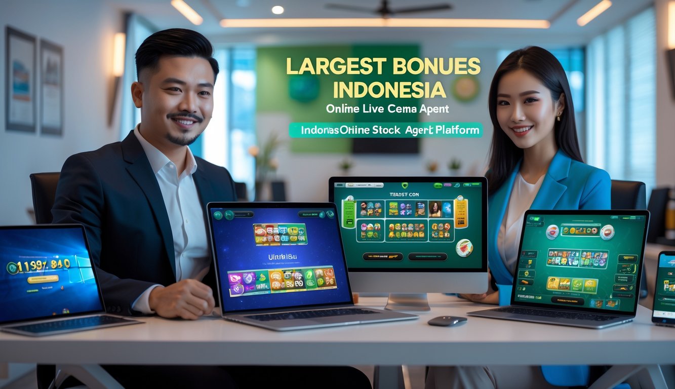 Seorang pria dan wanita Asia duduk di meja dengan perangkat digital yang menampilkan permainan kartu online, di ruang kantor modern yang terang dan profesional.