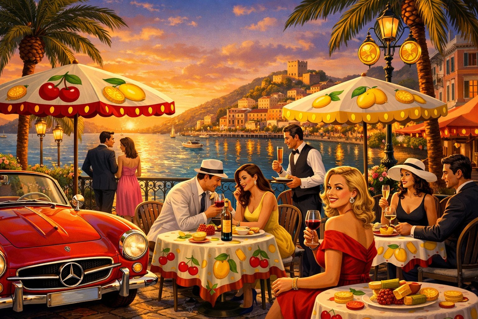 A Lively Seaside Scene With People In 1960S Fashion Enjoying A Café Near A Vintage Car By The Ocean At Sunset.