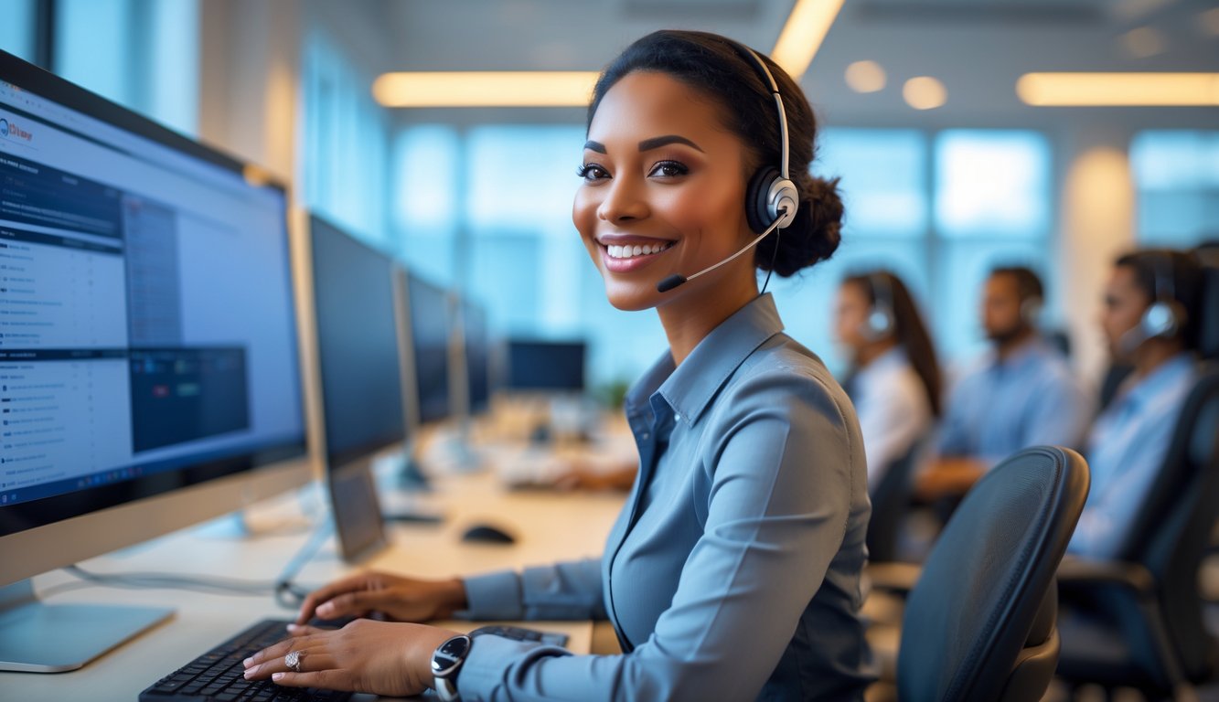 Seorang agen layanan pelanggan yang percaya diri sedang bekerja di pusat panggilan modern dengan headset, tersenyum dan melayani pelanggan.