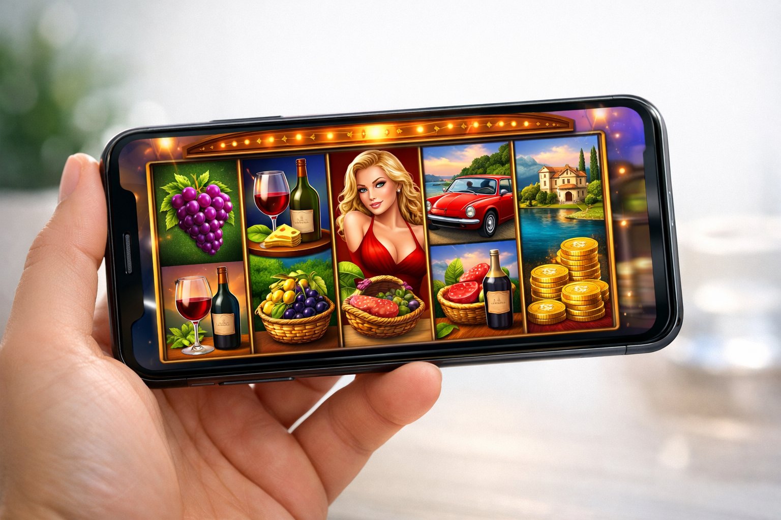 A Hand Holding A Smartphone Showing An ItalianThemed Slot Game With Colorful Symbols On The Screen.