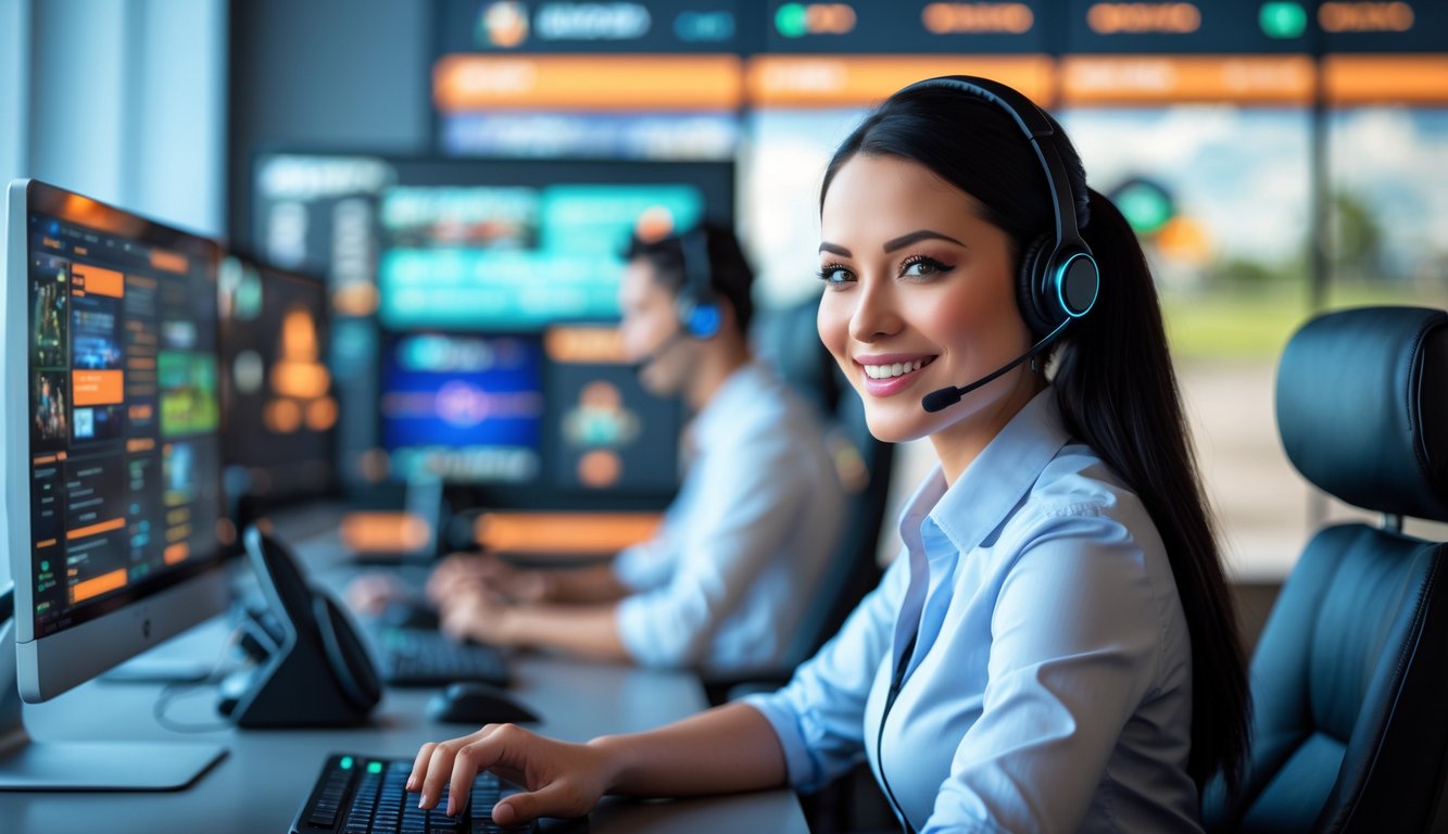 Seorang perwakilan layanan pelanggan yang ramah sedang bekerja di meja kantor modern dengan beberapa layar komputer menampilkan antarmuka permainan online.