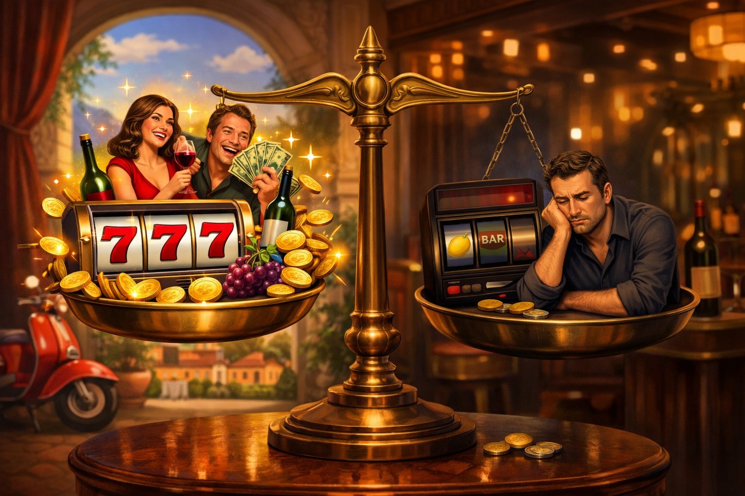 A Balanced Scale Showing Positive And Negative Aspects Of A Slot Game, With Slot Reels, Coins, And Players Expressing Enjoyment And Concern In A Casino Setting Inspired By Italian Themes.