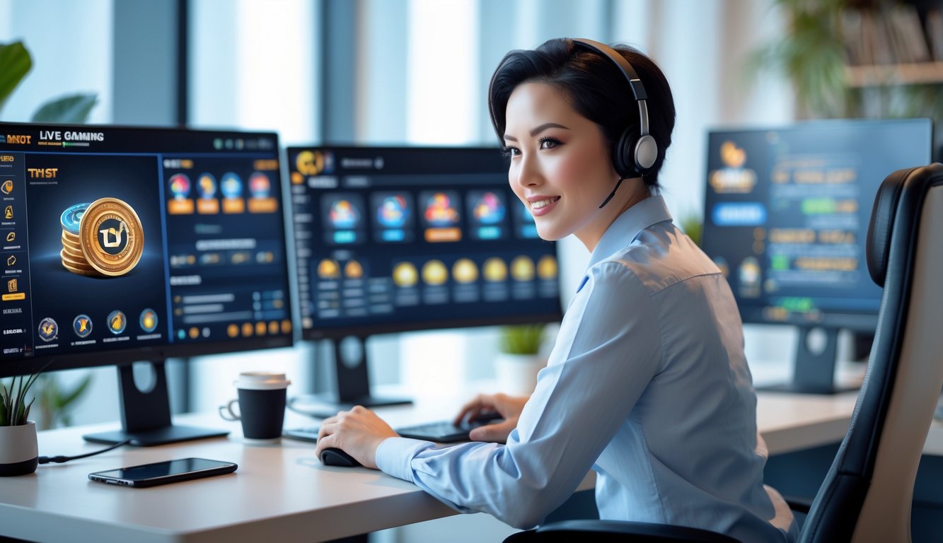 Seseorang duduk di meja dengan beberapa layar komputer menampilkan permainan online, di ruang kantor modern yang rapi dan terang.