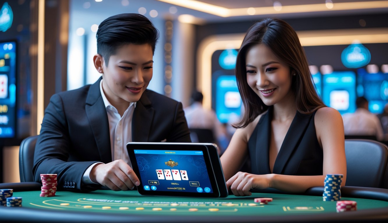 Seorang pria dan wanita duduk di meja permainan modern sambil melihat perangkat digital di lingkungan kasino online yang mewah.