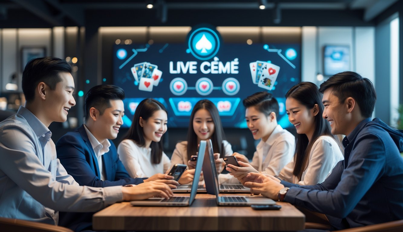 Sekelompok orang bermain permainan kartu online di laptop dan ponsel dalam ruangan yang nyaman.