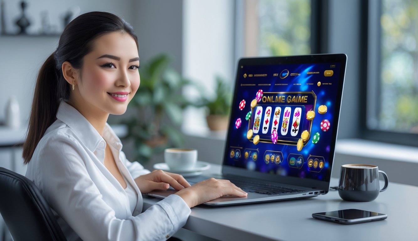 Seorang wanita muda duduk di meja dengan laptop, bermain permainan ceme online di ruangan yang terang dan rapi.