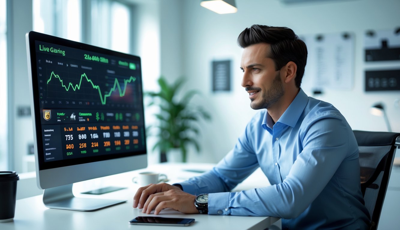 Seorang pria profesional duduk di meja kantor modern sedang melihat layar komputer dengan data permainan online.