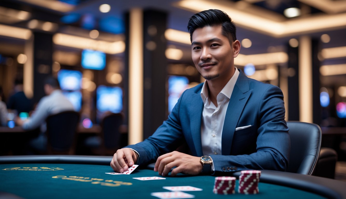 Seorang pria Asia Tenggara duduk di meja permainan kasino modern dengan kartu dan chip poker, tampak fokus dan percaya diri.