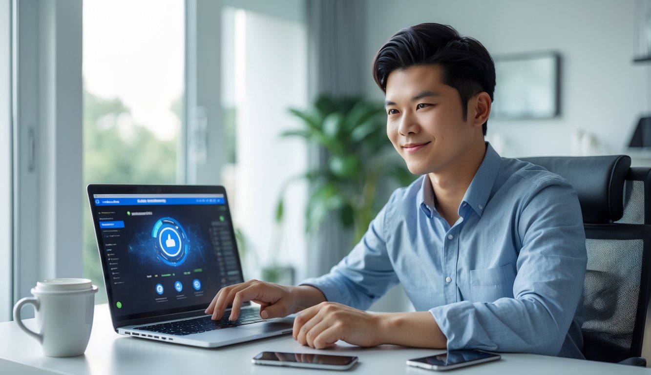 Seorang pria muda duduk di depan laptop di ruang kerja rumah yang terang, tersenyum sambil menggunakan layanan permainan online.