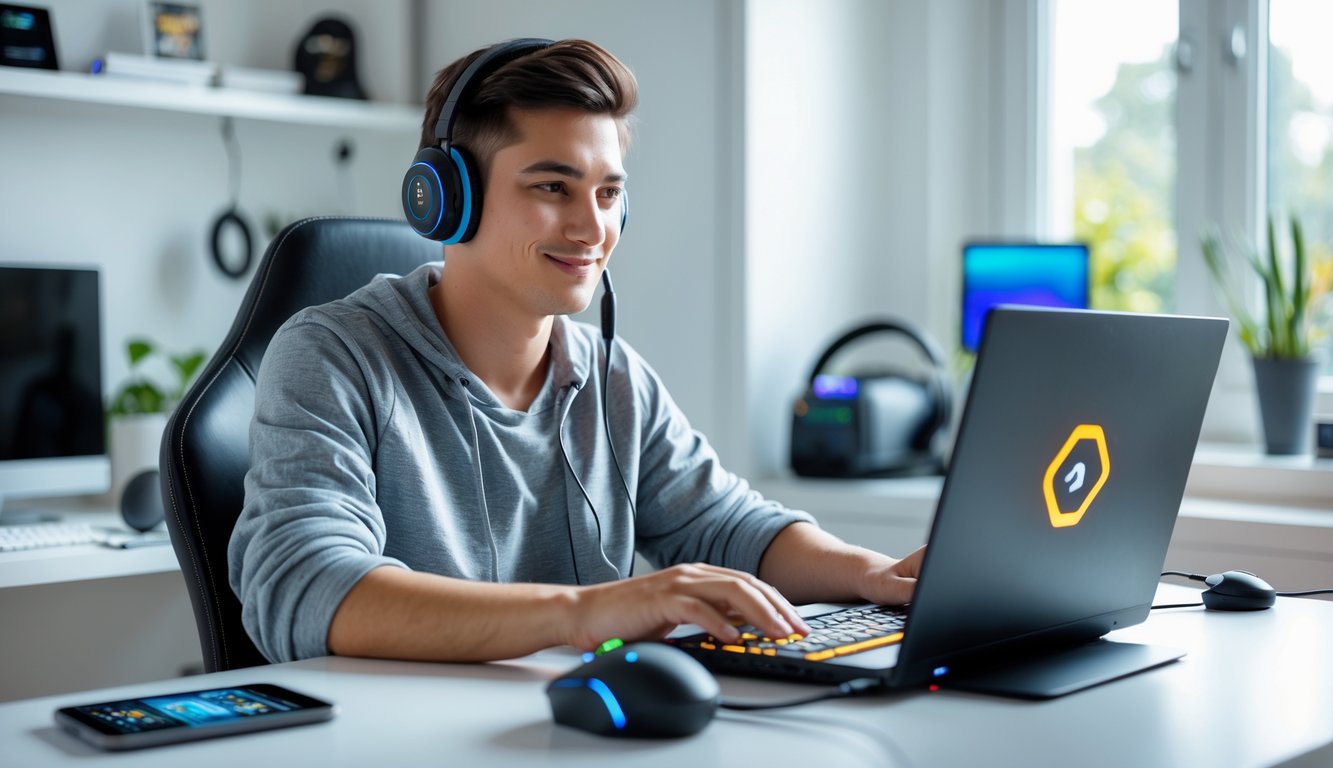 Seorang pemain muda duduk di meja dengan laptop terbuka, fokus bermain game online di lingkungan rumah yang rapi dan terang.