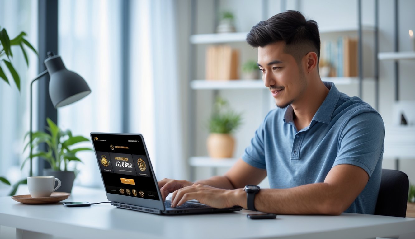 Seorang pria muda duduk di meja dengan laptop, fokus mencari agen ceme live online yang terpercaya.