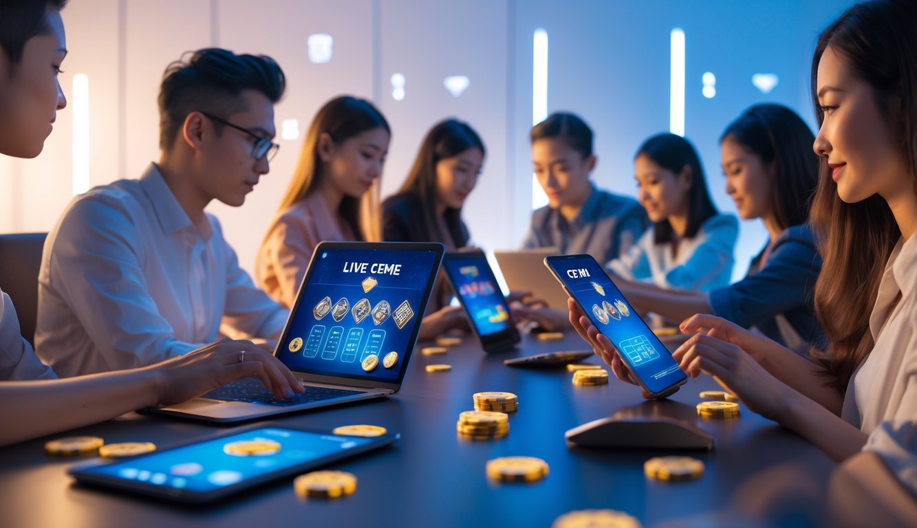 Orang-orang menggunakan perangkat digital untuk bermain game online Ceme dengan suasana ruangan yang modern dan aman.