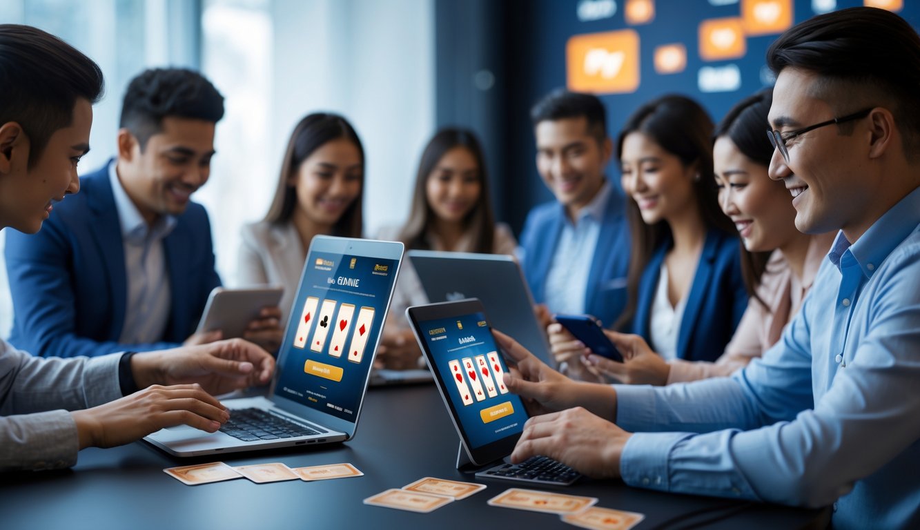 Beberapa orang menggunakan perangkat digital untuk bermain permainan kartu online dalam suasana yang aman dan profesional dengan simbol pembayaran digital di latar belakang.