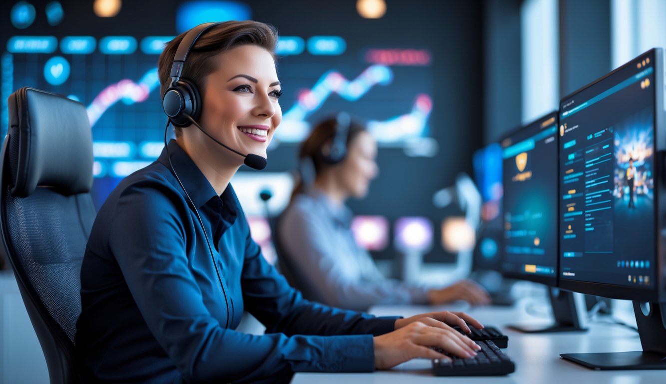 Seorang agen layanan pelanggan sedang bekerja dengan komputer di kantor modern, tersenyum dan mengenakan headset untuk membantu pengalaman bermain online tanpa gangguan.