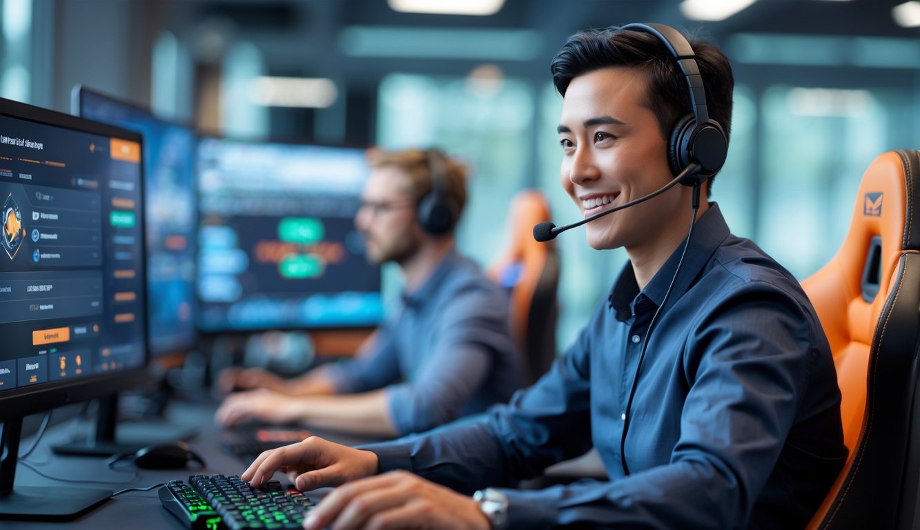 Seorang agen layanan pelanggan yang percaya diri mengenakan headset di kantor modern dengan layar komputer menampilkan permainan online.