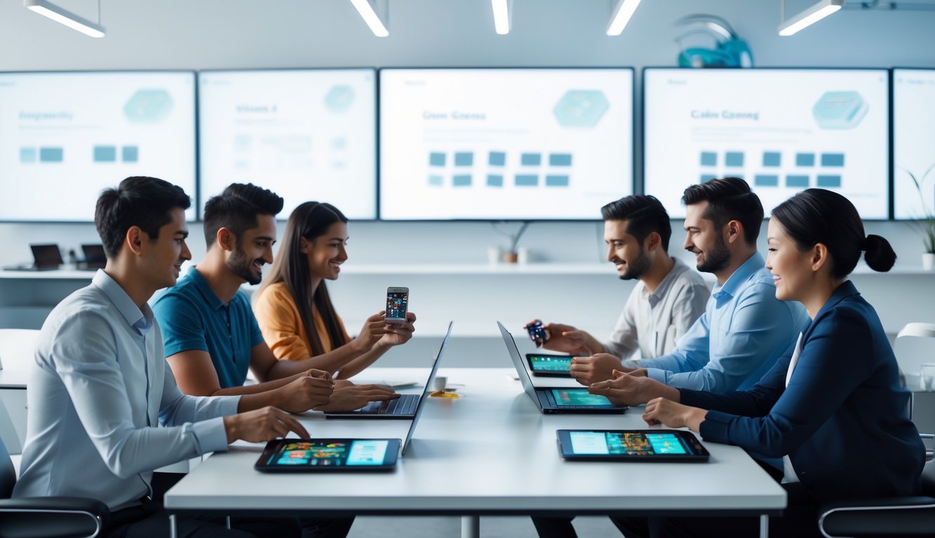 Sekelompok orang bermain permainan kartu secara online menggunakan perangkat digital di ruang modern yang terang dan nyaman.