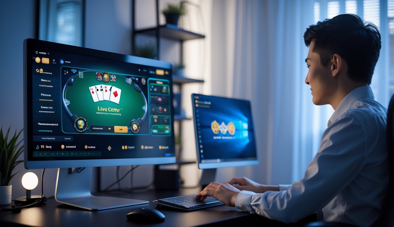 Seseorang sedang bermain permainan kartu secara online di depan komputer dengan tampilan streaming langsung berkualitas tinggi.