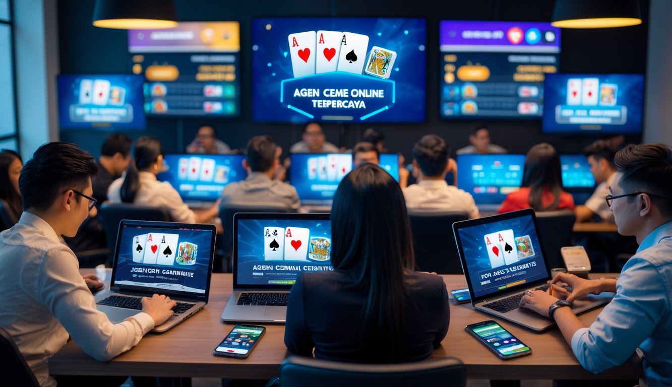 Sejumlah orang menggunakan perangkat digital untuk bermain permainan kartu secara online dengan tampilan streaming langsung yang jelas dan berkualitas tinggi.