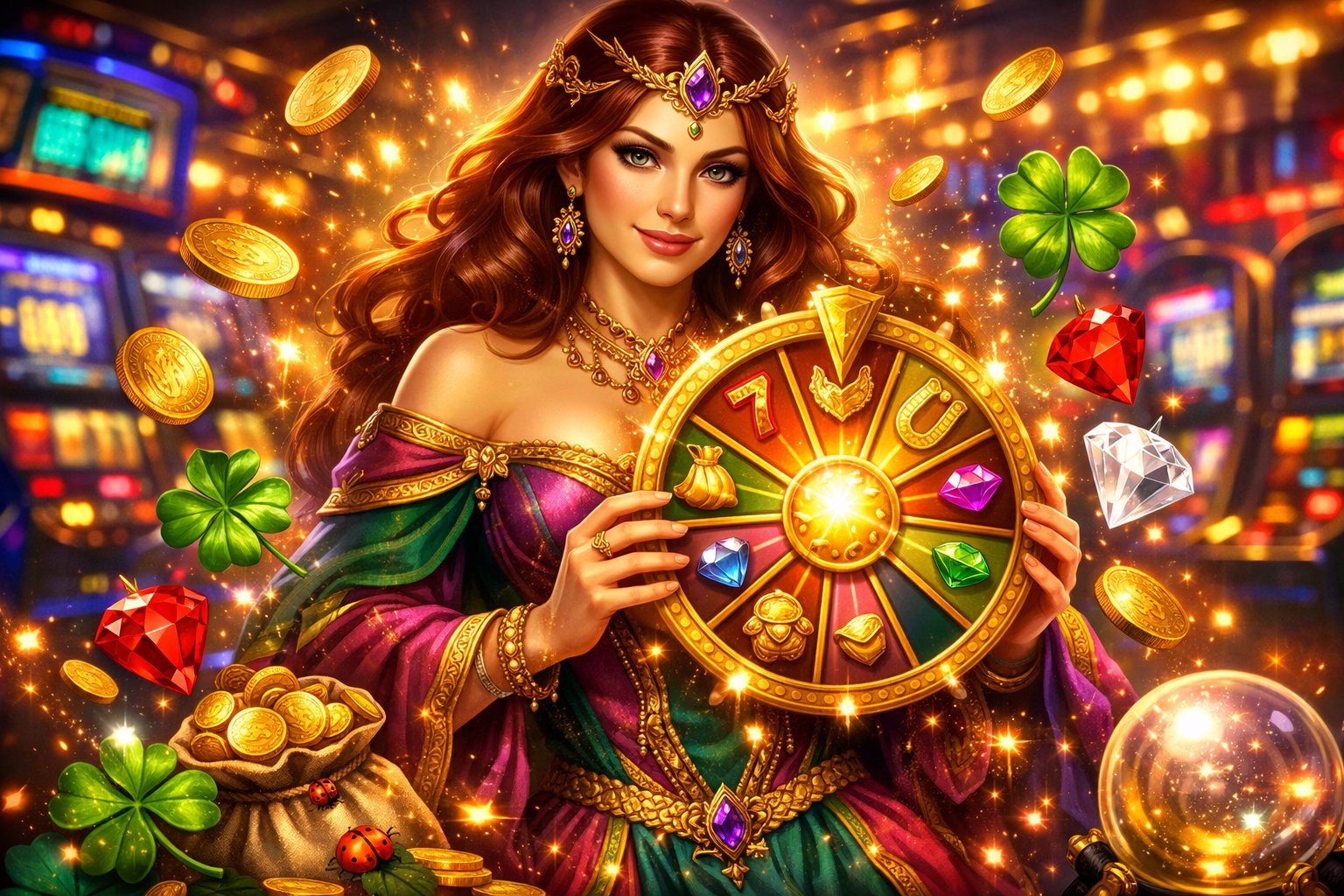 A Regal Woman Holding A Glowing Golden Wheel Surrounded By Symbols Of Luck And A Vibrant Casino Background.