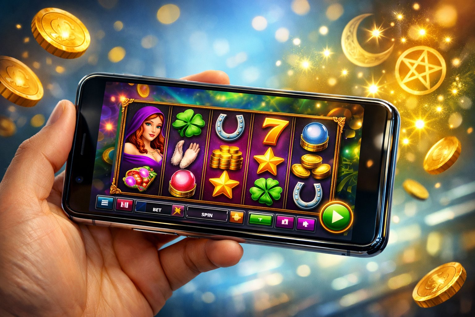 A Hand Holding A Smartphone Showing A Colorful Slot Game With Lucky Symbols And Coins Floating Around.