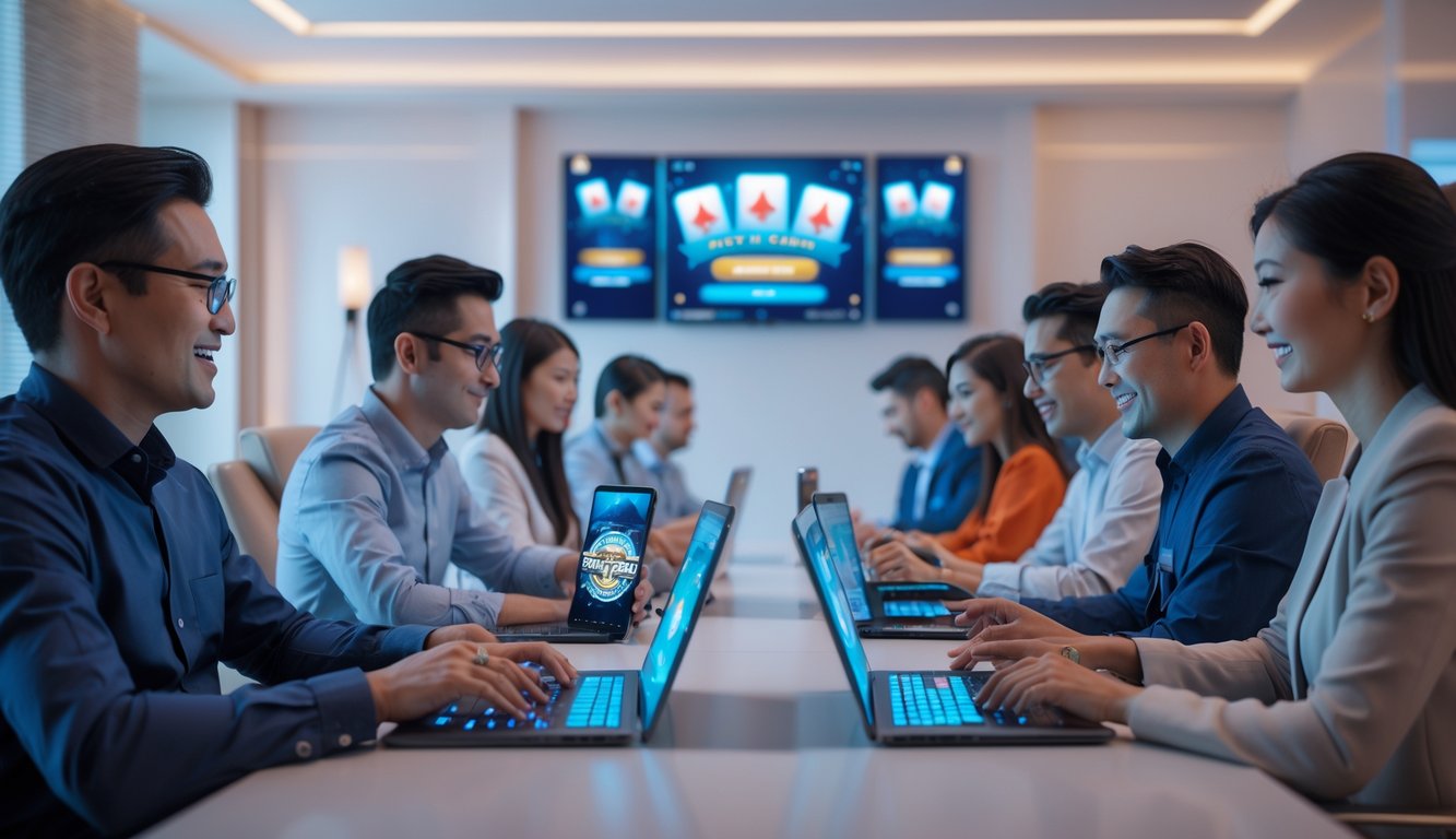 Beberapa orang dewasa sedang bermain permainan kartu online di perangkat digital di dalam ruangan yang nyaman dan modern.