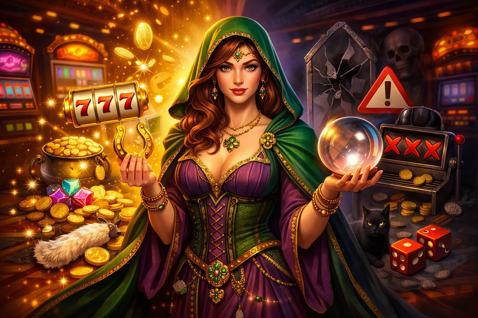 A Mystical Woman Surrounded By Slot Machine Symbols, With Bright Elements On One Side And Darker Elements On The Other, Representing The Advantages And Disadvantages Of A Slot Game.