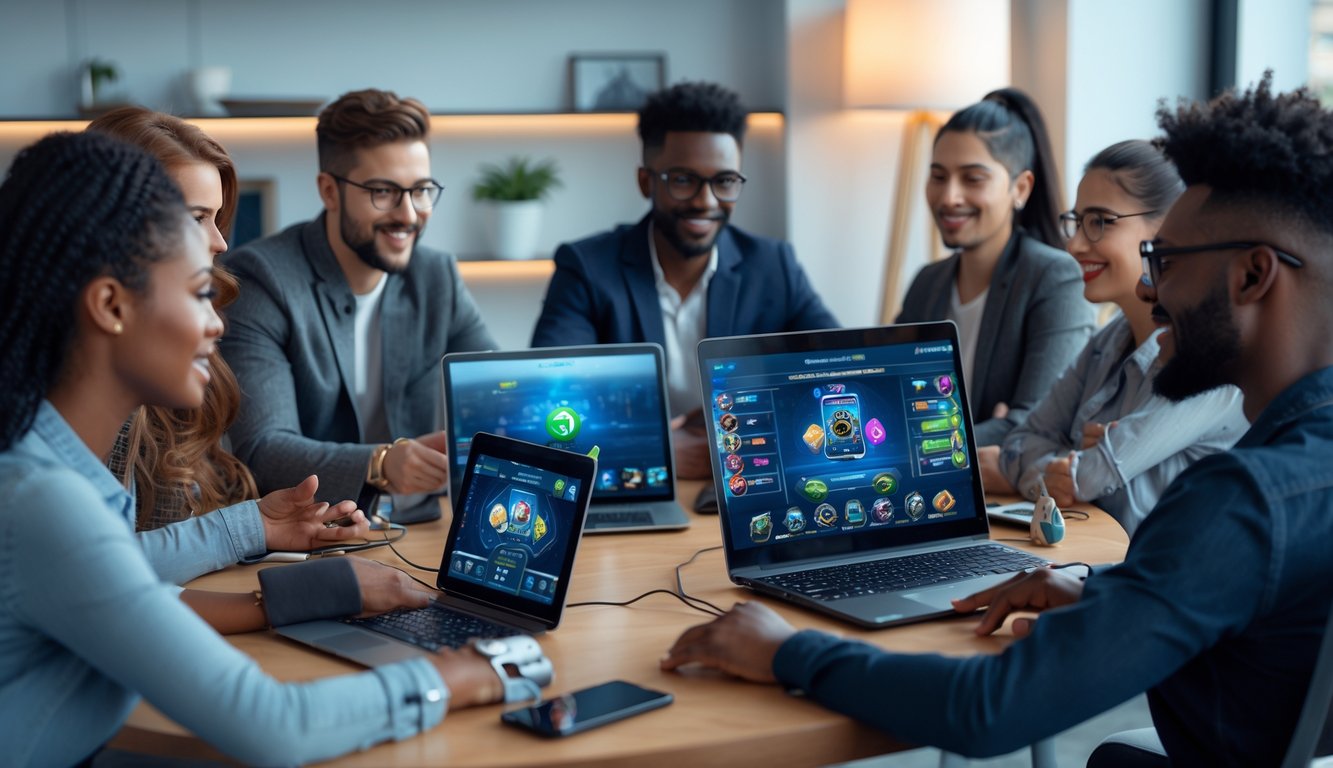 Sekelompok orang sedang bermain game kartu secara online menggunakan berbagai perangkat digital di ruang modern yang terang dan nyaman.