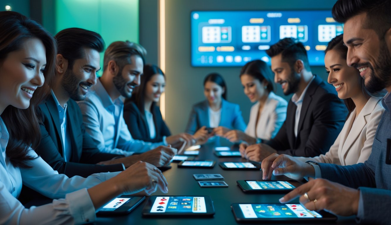 Beberapa orang dewasa bermain permainan kartu secara online menggunakan perangkat digital di ruangan modern yang terang dan nyaman.