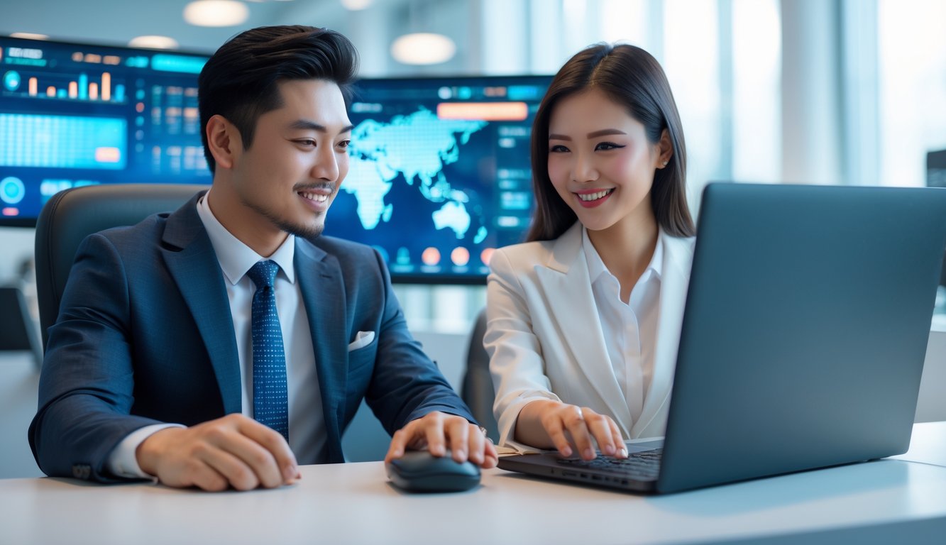 Seorang pria dan wanita Asia Tenggara duduk bersama di meja kantor modern, fokus menggunakan laptop dengan tampilan permainan online langsung.
