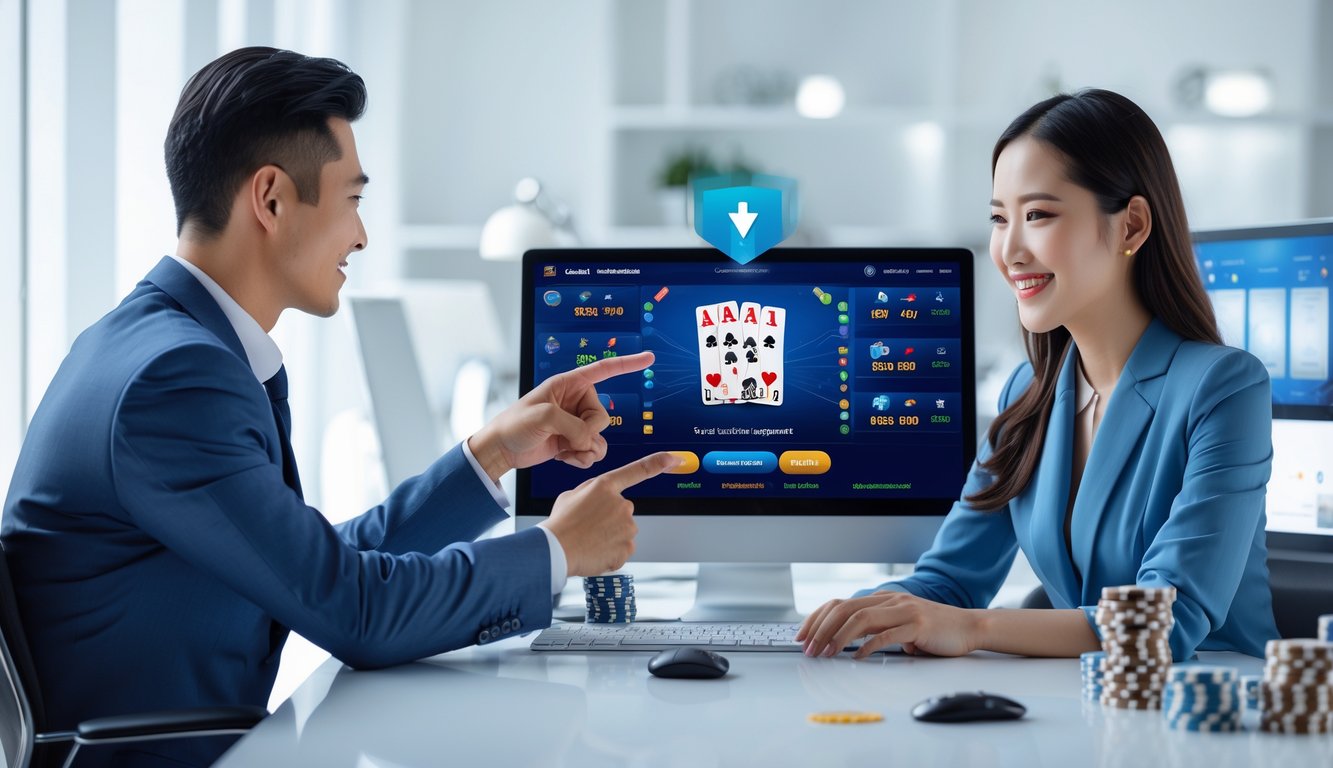 Seorang pria dan wanita duduk di meja modern dengan perangkat digital yang menampilkan permainan kartu online, terlihat percaya diri dan fokus.