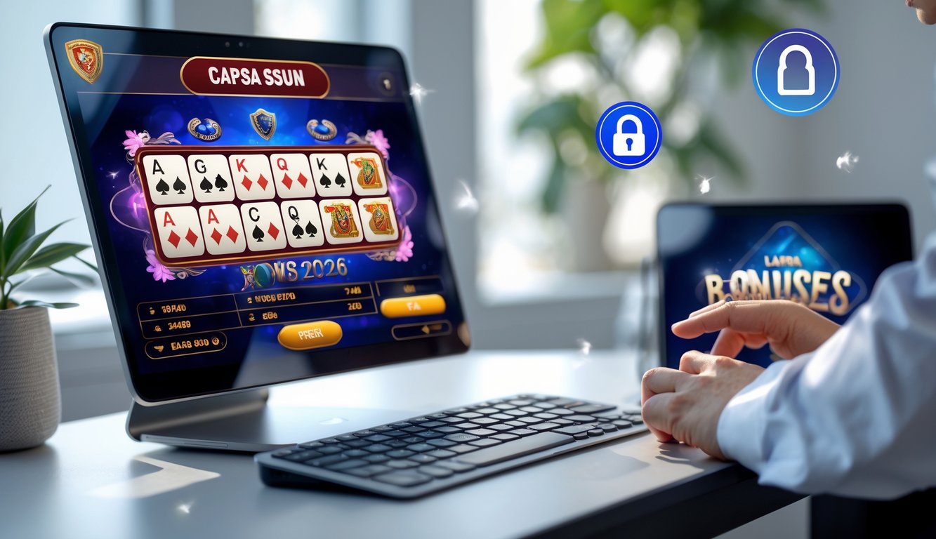 Seseorang sedang bermain permainan Capsa Susun online di komputer dengan suasana yang terang dan profesional.