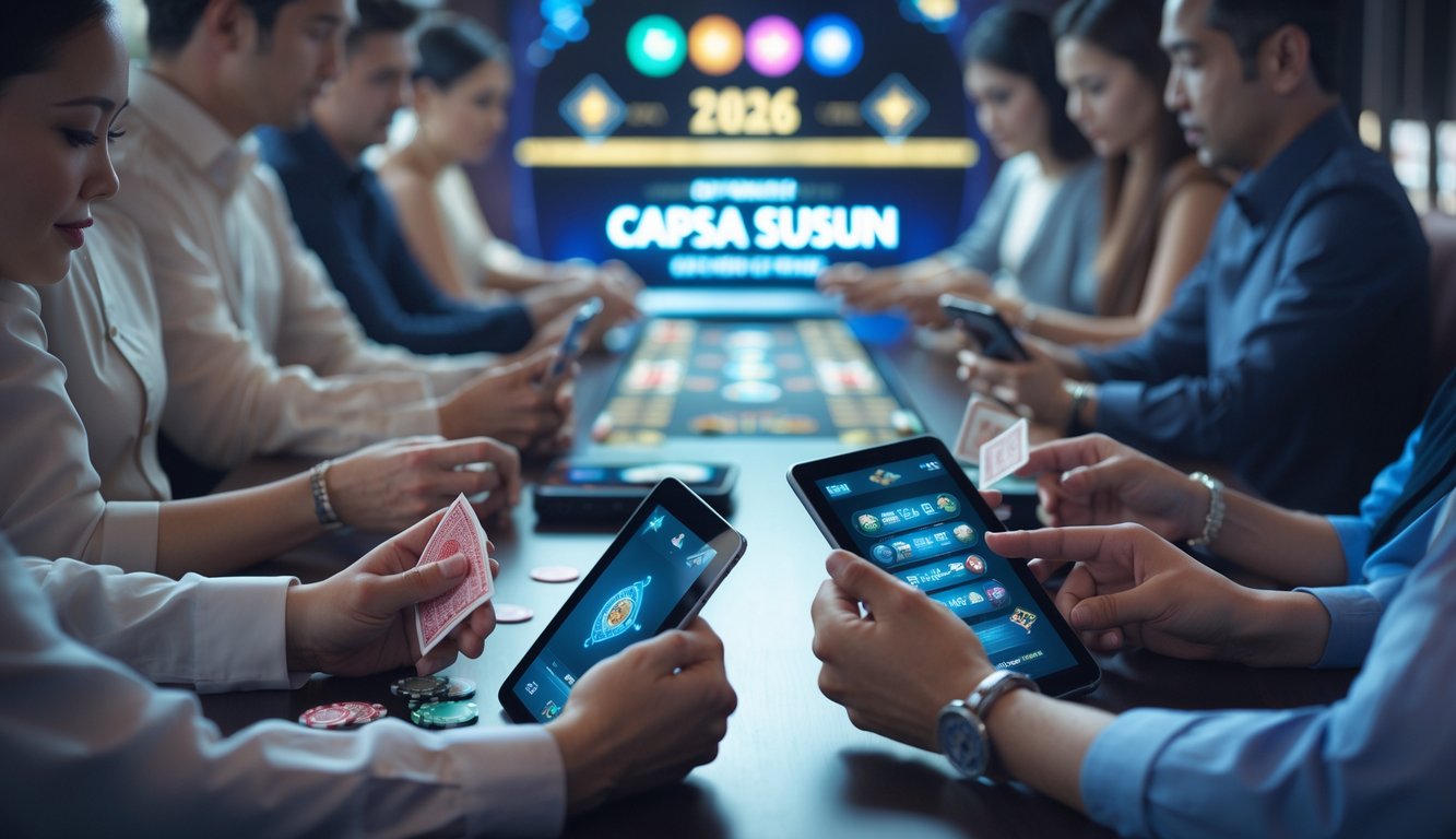 Orang-orang bermain kartu Capsa Susun secara online menggunakan perangkat digital dalam suasana yang profesional dan terpercaya.