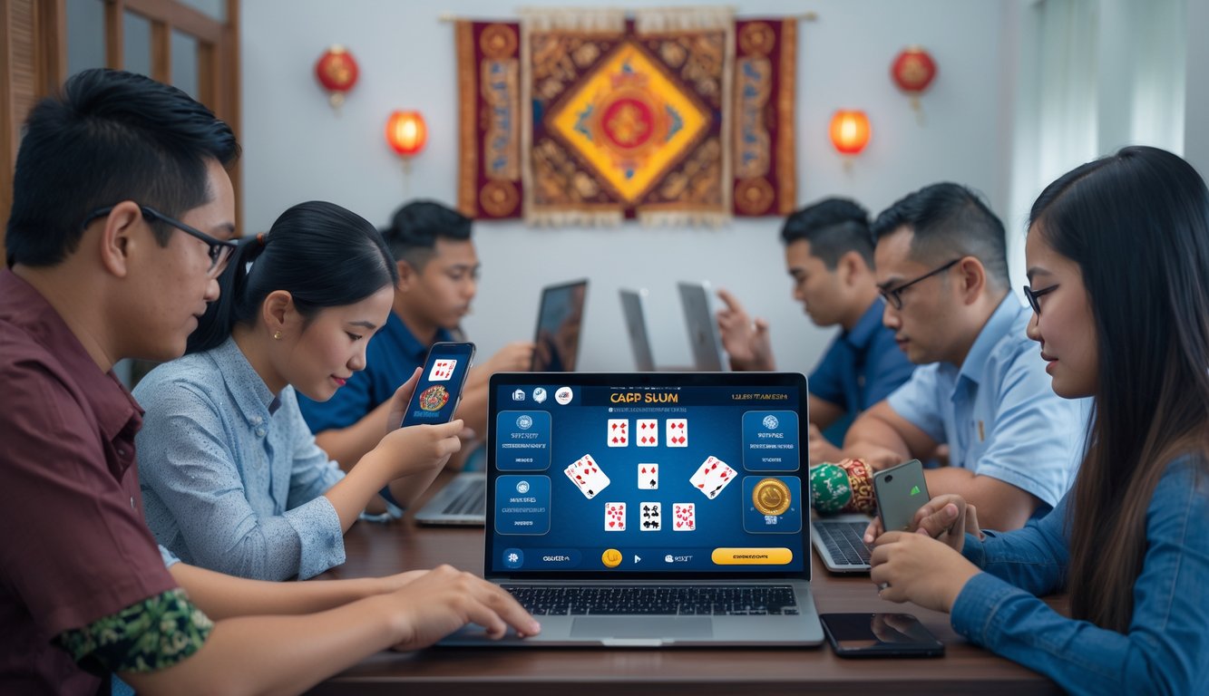 Orang-orang menggunakan perangkat digital untuk bermain Capsa Susun secara online dalam ruangan yang terang dengan elemen budaya Indonesia.