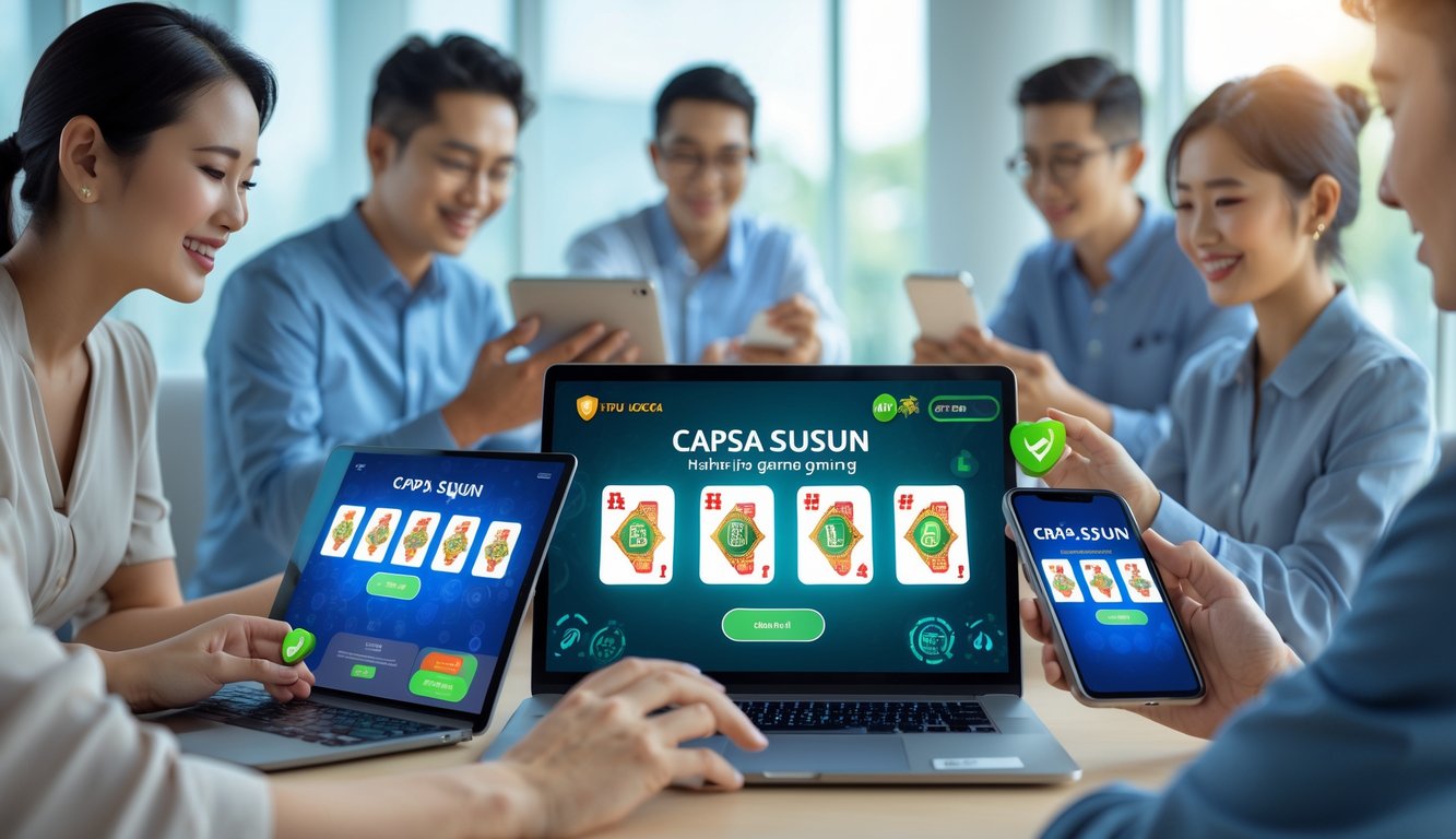 Beberapa orang menggunakan perangkat digital untuk bermain Capsa Susun secara online dalam suasana yang aman dan terpercaya.