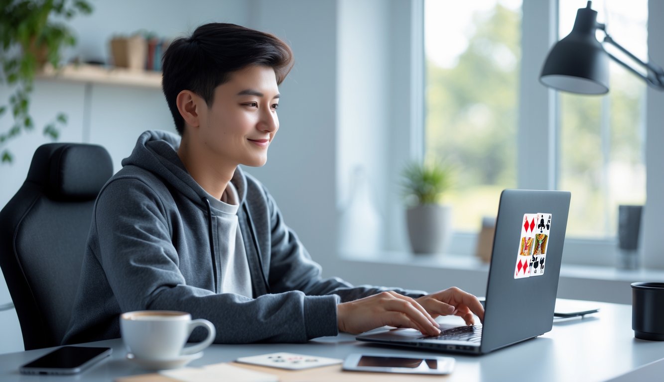 Seorang dewasa muda sedang duduk di meja dengan laptop, fokus bermain permainan kartu online di ruang kerja yang rapi dan terang.