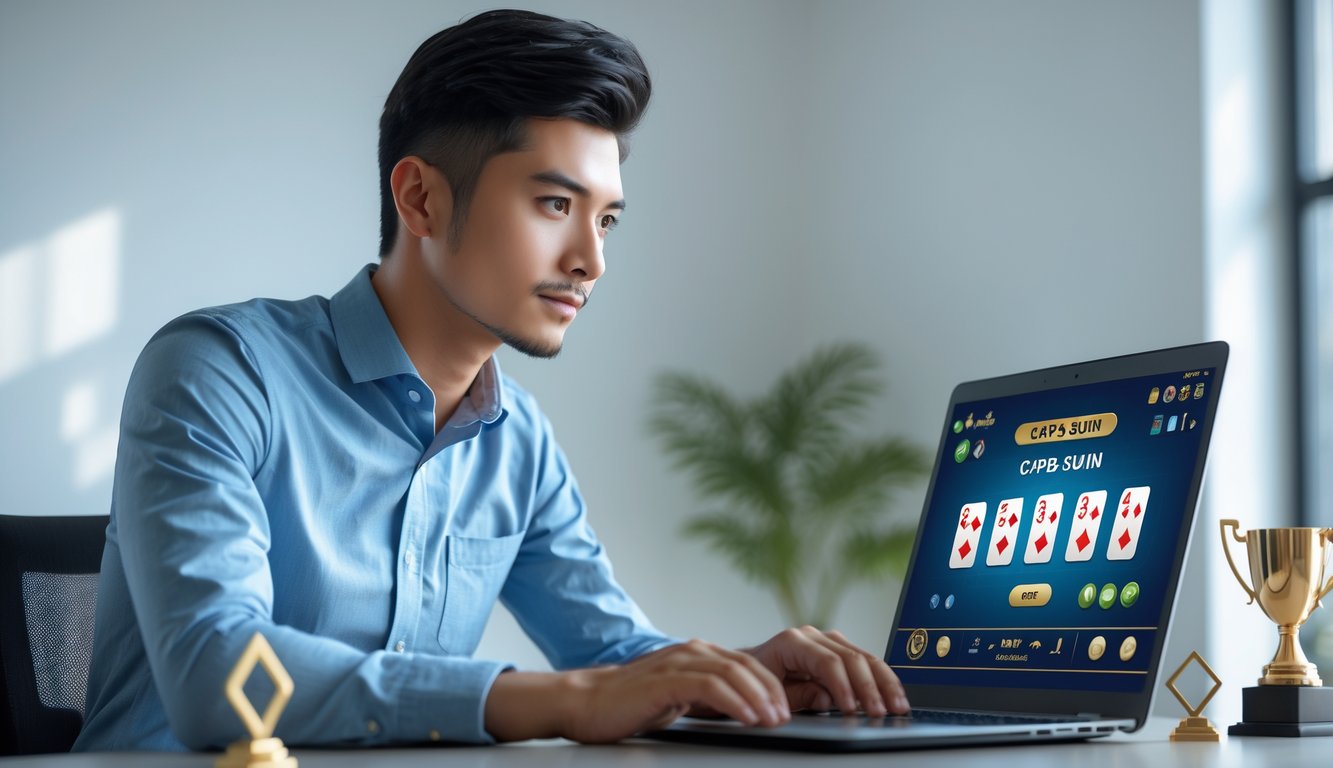 Seorang pria muda duduk di depan laptop memainkan permainan kartu online dengan ekspresi fokus di ruangan yang terang dan rapi.