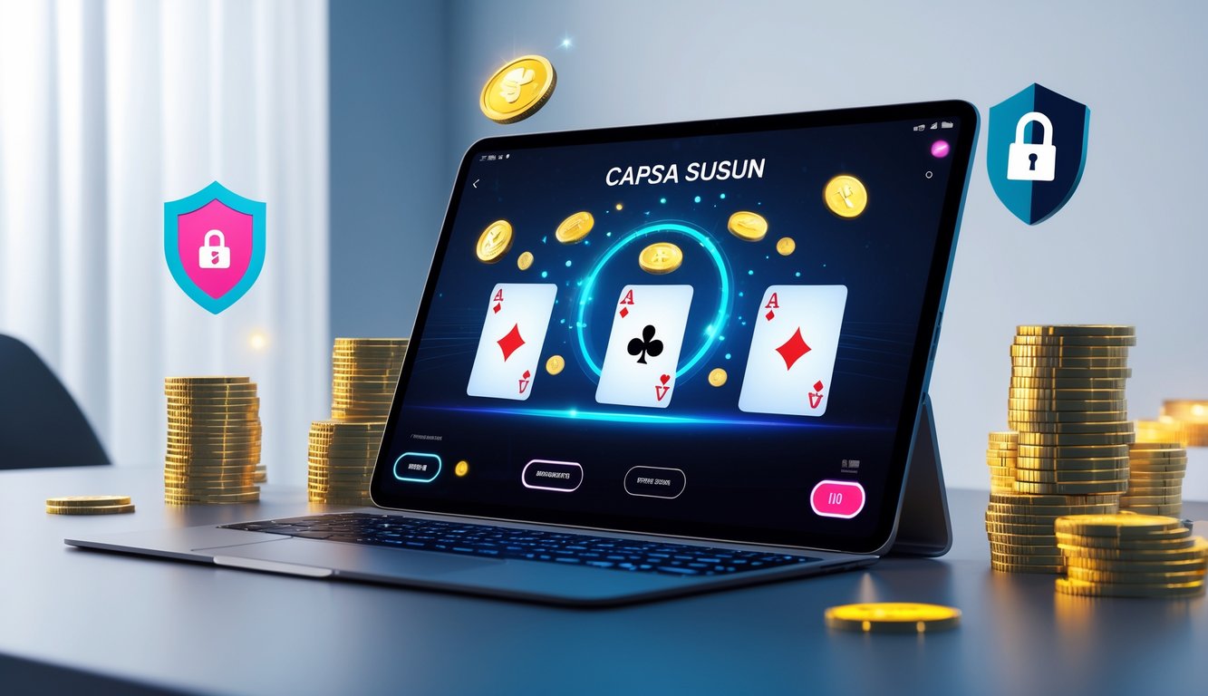 Seorang pengguna sedang bermain permainan kartu Capsa Susun secara online di perangkat digital dengan latar belakang yang bersih dan simbol keamanan di sekitarnya.