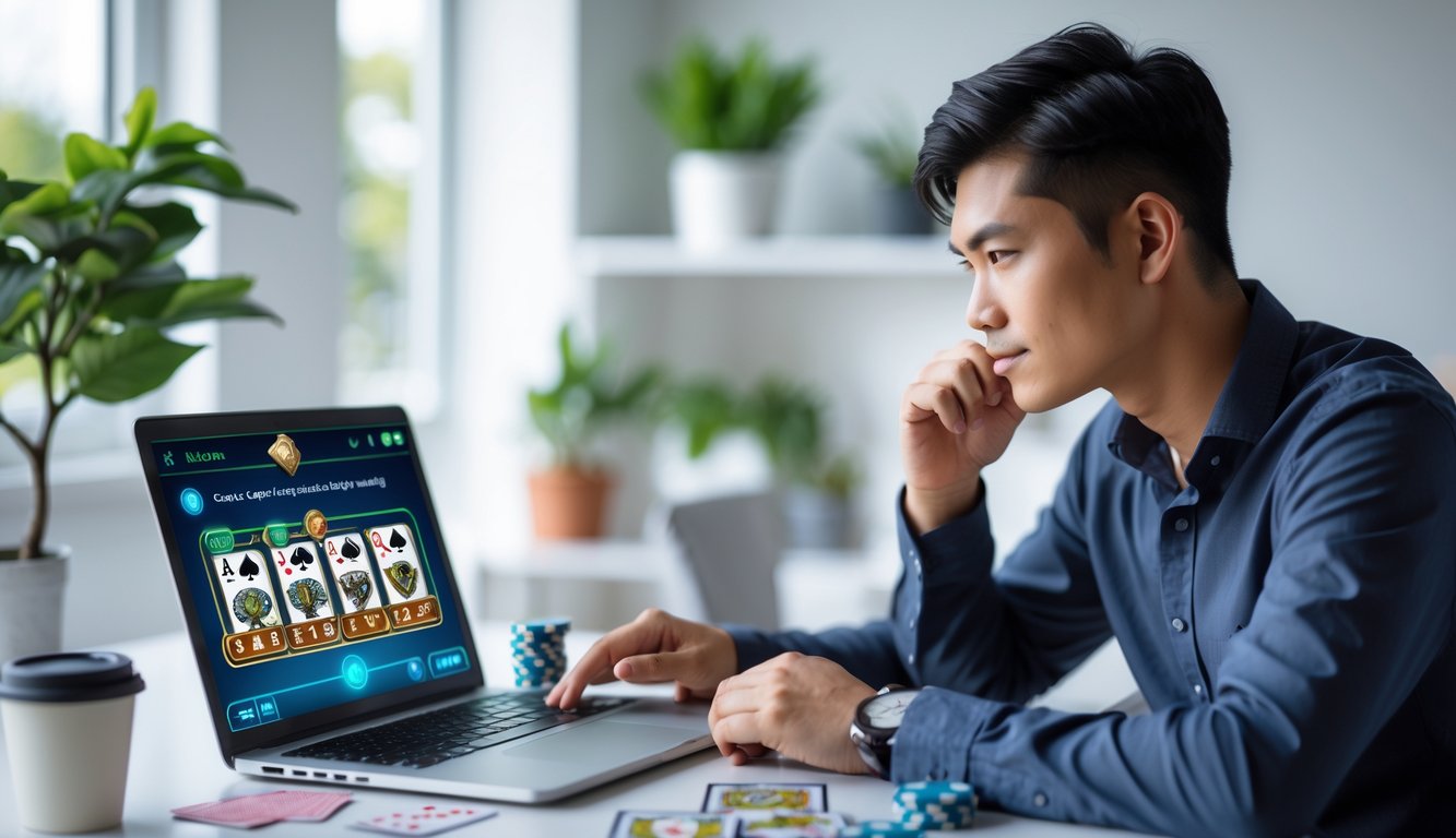 Seorang pria muda sedang duduk di meja dengan laptop yang menampilkan permainan kartu digital, tampak fokus dan serius merencanakan strategi.