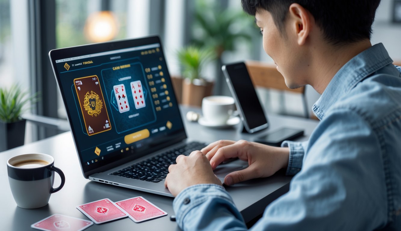 Seseorang sedang bermain game kartu Capsa Susun online di laptop dengan ekspresi fokus dan percaya diri di meja kerja yang rapi.