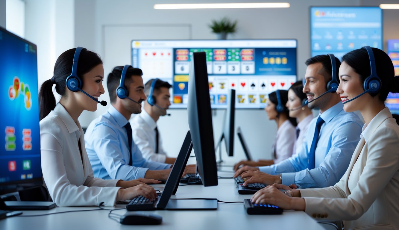 Tim layanan pelanggan sedang bekerja di pusat dukungan online dengan komputer dan headset.