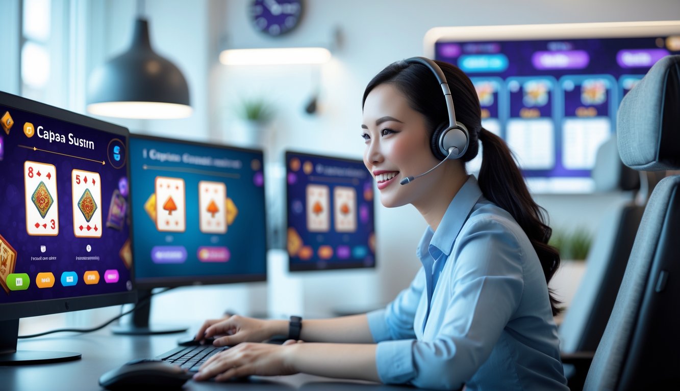 Seorang petugas layanan pelanggan dengan headset sedang bekerja di depan komputer dalam pusat dukungan pelanggan yang modern dan terang.